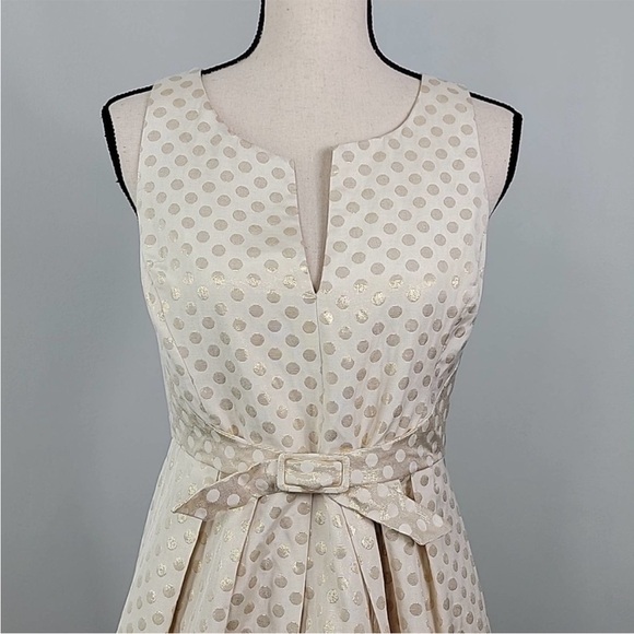 Anthropologie Quillaree Metallic Gold Jacquard Polka Dot Cream A-line Dress 4 - Picture 2 of 14